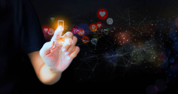 istock Touch on virtual screen to chat, post, message and connecting on social media. Social network on digital 1341781389