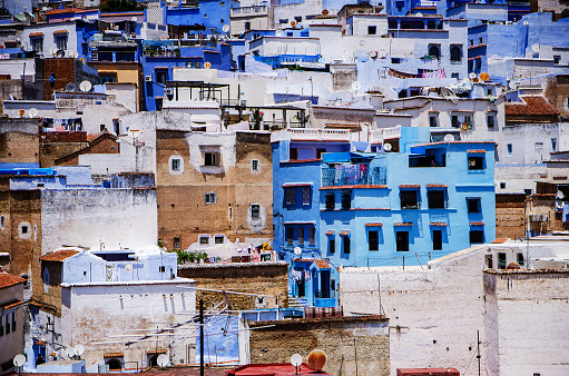 Aerial view housing estate of blue medina of city Chefchaouen, Morocco