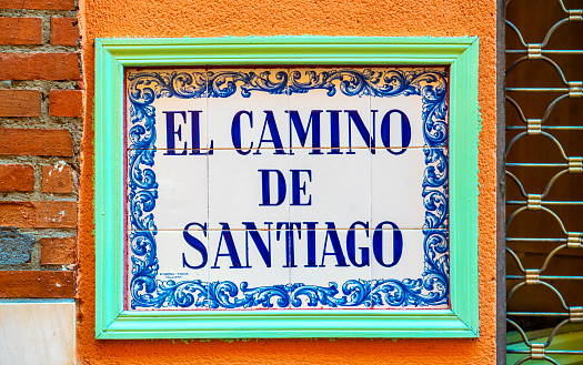 Leon, Spain - August 16, 2021:  Sign for the Camino de Santiago in Leon, Spain. Leon is a major stop along the pilgrimage route.