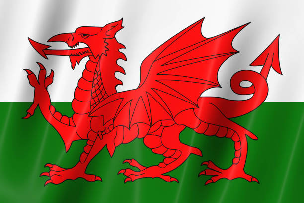 флаг уэльса из шелка-3d панорамная иллюстрация - welsh flag стоковые фото и изображения