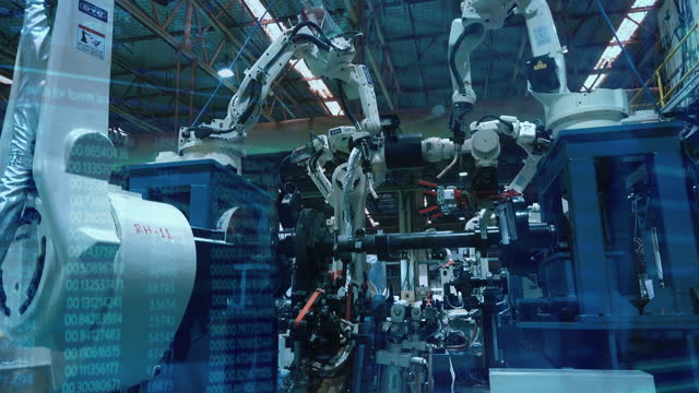 Futuristic Concept: charts and data numbers insight analysis on Industrial robots are welding automotive part in factory background.