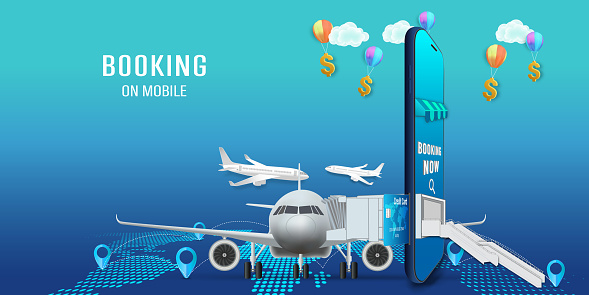 Travel Mobile Application , Travel Online booking on Website or smartphone as trip , transportation and Journey concept, Vector illustration.