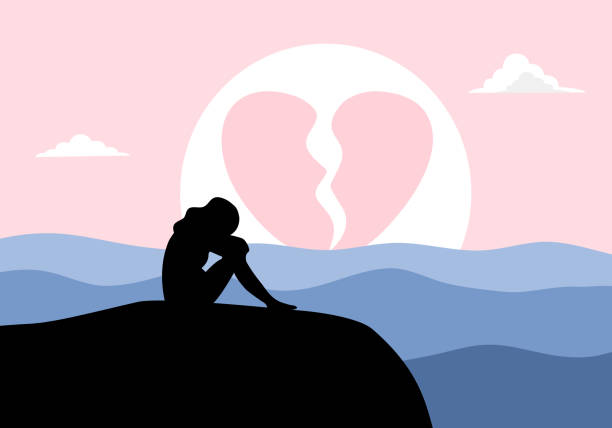 Broken heart concept vector illustration. Sad woman crying with sunset. vector art illustration