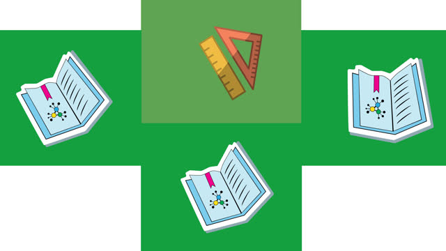 Animation of green rectangles with setsquare and notebooks moving on white background