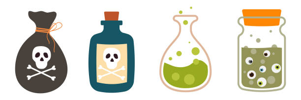 мультяшные бутылки на хэллоуин с набором векторных ядов - toxic substance poisonous organism bottle potion stock illustrations