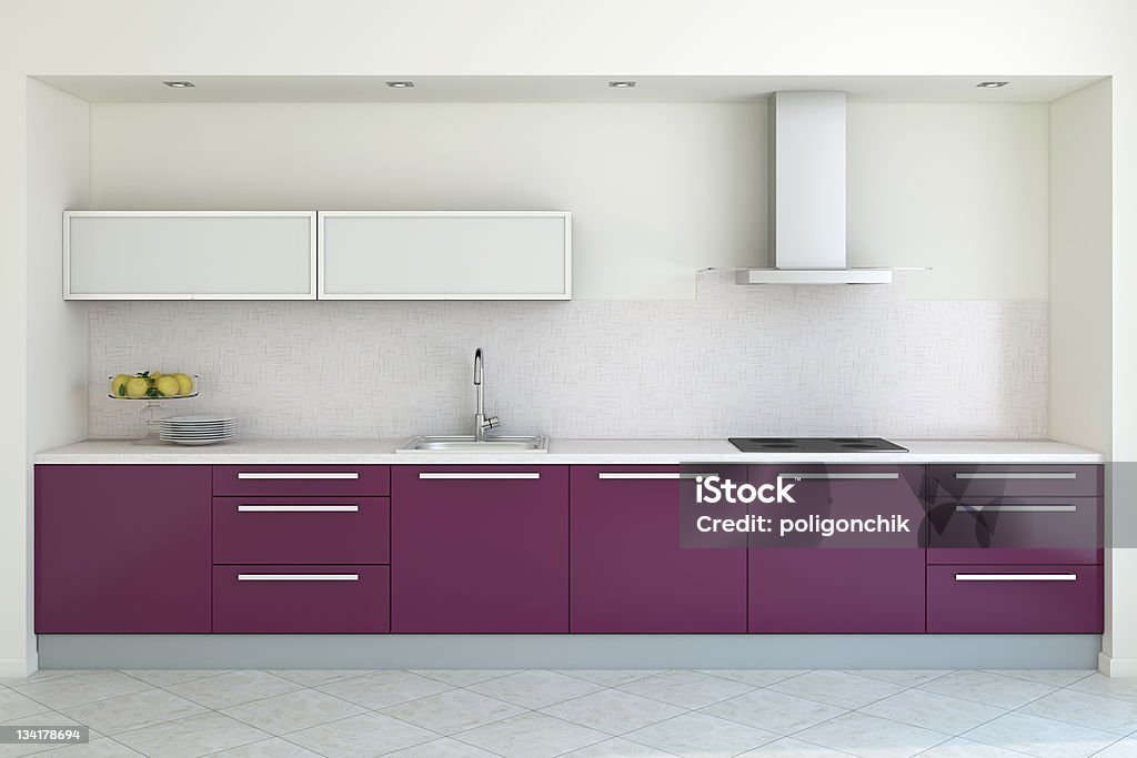 3 D render des modernen Küche mit lila Schränke - Lizenzfrei Dreidimensional Stock-Foto
