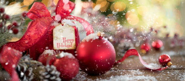 istock Christmas Gift in front of a Christmas Tree with Bokeh Lights 1341787590