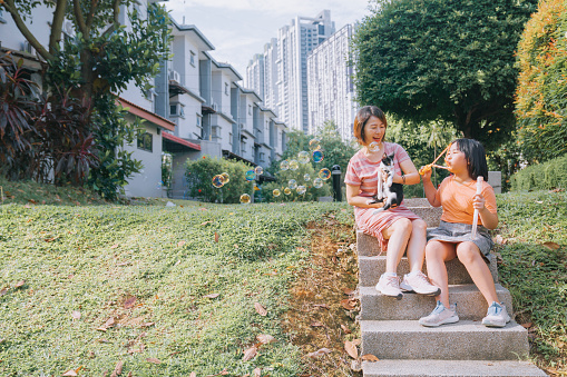 asian chinese mother daughter playing with bubble at backyard of their house with cat during Sunday morning leisure time spending bonding time together