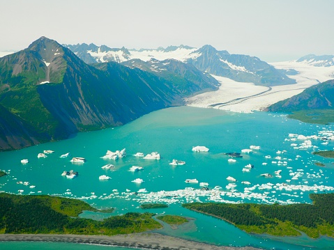 Aerial view of icebergs floating in the vivid Skilak Lake and lagoon on Kenai Peninsula, Alaska. OLYMPUS DIGITAL CAMERA