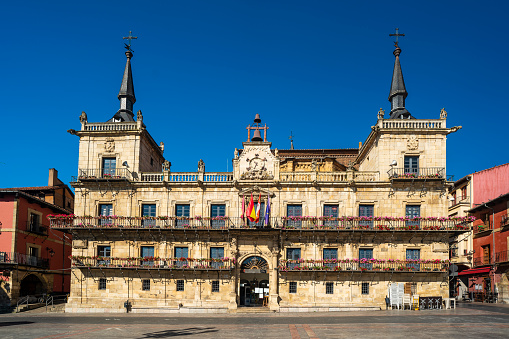 The old town hall on the plaza mayor in Leon, Spain.