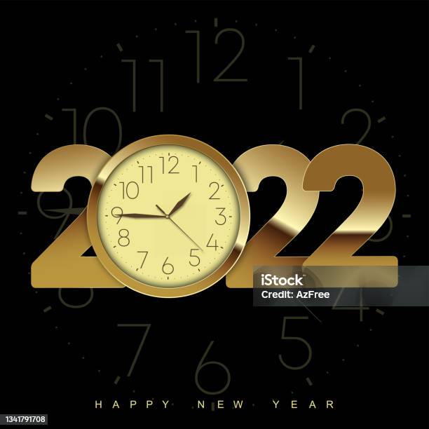 Happy New Year 2022 With Glitter Golden Vintage Clock And Text Vector Stockvectorkunst en meer beelden van 12 uur