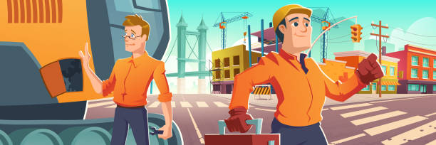 ilustraciones, imágenes clip art, dibujos animados e iconos de stock de constructores, maquinaria y obra en la ciudad - bridge incomplete construction building activity
