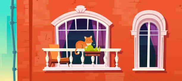 Vector illustration of Cat sleep on home balcony railing. Sweet pet relax