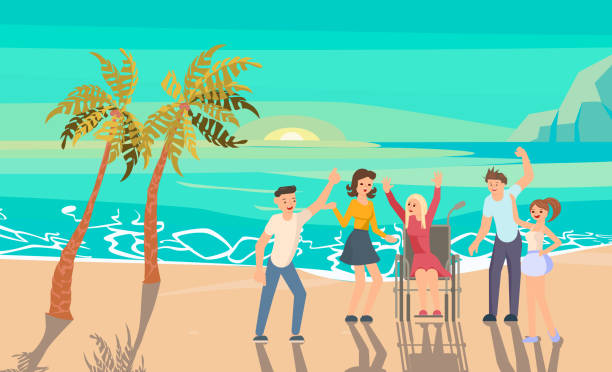 ilustrações, clipart, desenhos animados e ícones de homens e mulheres dançando em uma festa na praia tropical - romance travel backgrounds beaches holidays and celebrations