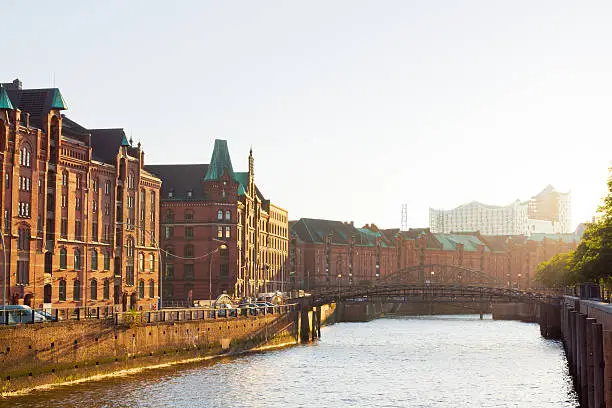 Hamburg warehouse district (Speicherstadt) at a late sunny afternoon.