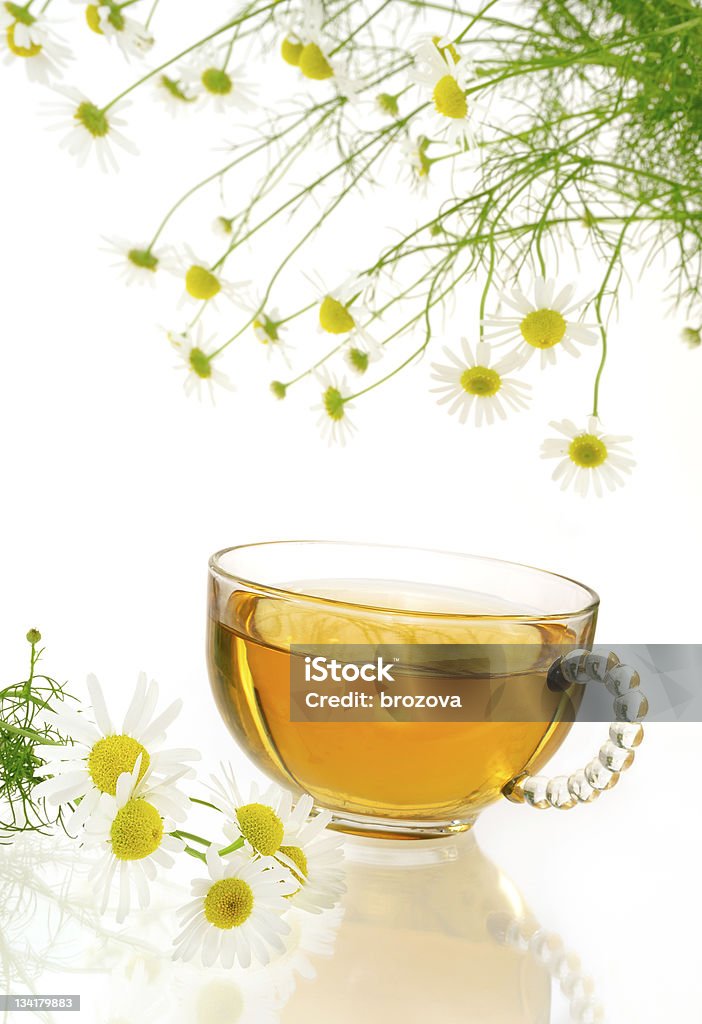 Xícara de chá de camomila com flores frescas chamomilla sobre branco - Foto de stock de Amarelo royalty-free