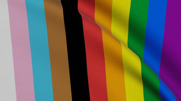 Progress LGBTQ Pride Flag. Flags For Good waving on the wind Close-up of a flying flag moved by the wind. High resolution video of realistic fabric pride flag stock pictures, royalty-free photos & images