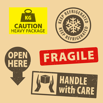 Set of fragile sticker handle with care and case icon packaging symbols sign, keep refrigerated, open here rubber stamp on cardboard background, vector illustration. Use on package.