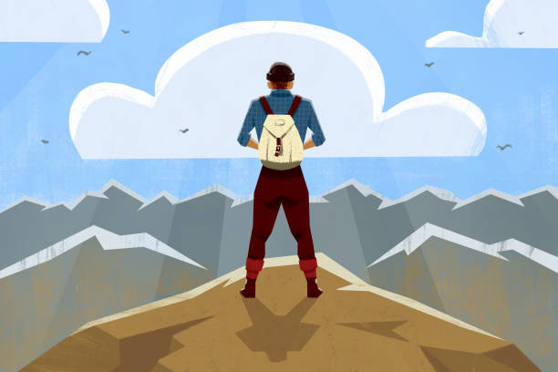 Man on the top of the mountain Illustration of a climber standing on a peak of a mountain. He is looking at the mountain range in distance. outdoor lifestyle stock illustrations
