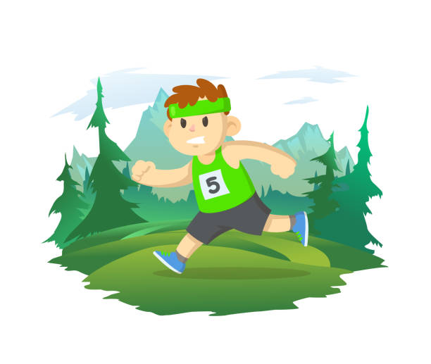 illustrazioni stock, clip art, cartoni animati e icone di tendenza di il ragazzo che corre sullo sfondo del paesaggio montano. uno stile di vita sano, sport per bambini, attività all'aria aperta. illustrazione vettoriale, isolata su bianco. - mountain landscape mountain peak small