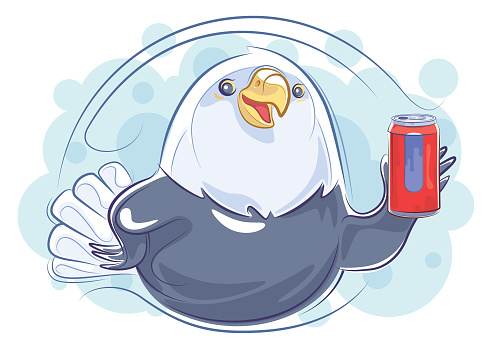 cheerful bald eagle holding soda can