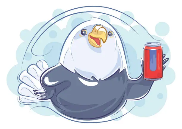 Vector illustration of cheerful bald eagle holding soda can