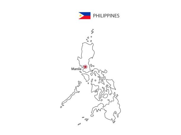 ilustrações, clipart, desenhos animados e ícones de desenho manual de vetor de linha preta fina das filipinas mapa com a capital manila em fundo branco. - philippines map manila philippines flag