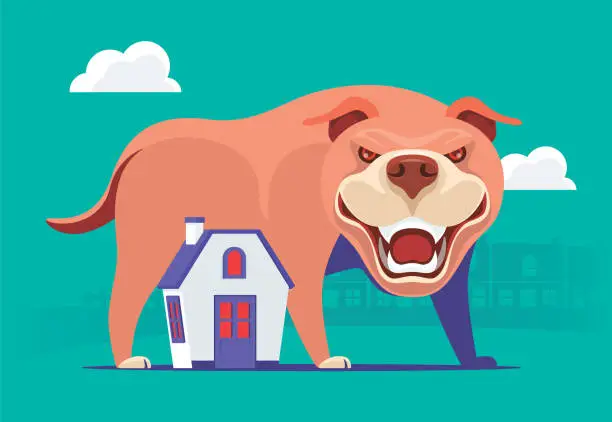 Vector illustration of angry pit bull standing behind house
