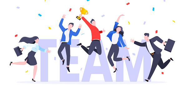 Happy business employee team winners award ceremony flat style design vector illustration. Employee recognition and best worker competition award team celebrating victory winner business concept.