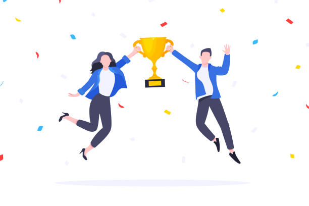 istock Happy business team employee team winners award ceremony flat style design vector illustration. 1341803150