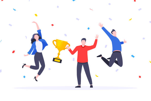 ilustraciones, imágenes clip art, dibujos animados e iconos de stock de feliz equipo de negocios equipo de empleados ganadores ceremonia de premios diseño de estilo plano ilustración vectorial. - cup gold winning wineglass