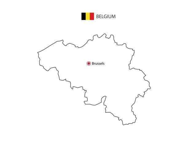 hand zeichnen dünne schwarze linie vektor von belgien karte mit hauptstadt brüssel auf weißem hintergrund. - all european flags stock-grafiken, -clipart, -cartoons und -symbole