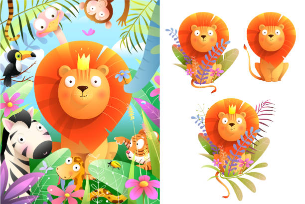 ilustrações, clipart, desenhos animados e ícones de rei leão na natureza da selva coleção de animais - illustration and painting image computer graphic lion