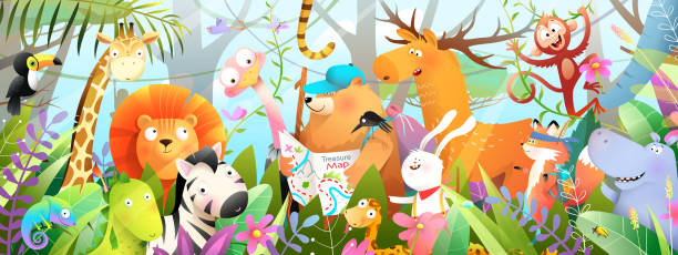 ilustrações de stock, clip art, desenhos animados e ícones de scout kids jungle animals and nature adventures - ostrich ape animal monkey