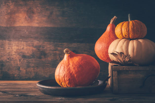 幸せな感謝祭 - 異なるカボチャと紅葉との静物 - squash pumpkin orange japanese fall foliage ストックフォトと画像