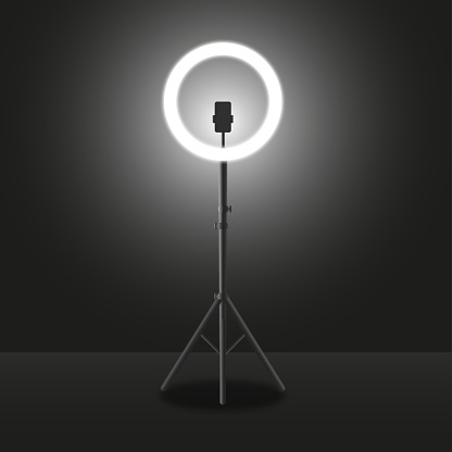 Selfie LED ring light. Blogging equipment. Studio background