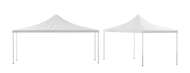 istock White folding tent, mobile awning for exhibition or trade outdoor, front and angle view. Realistic mockup of blank marquee for festival or party event in garden, isolated on white background 3d render 1341805519