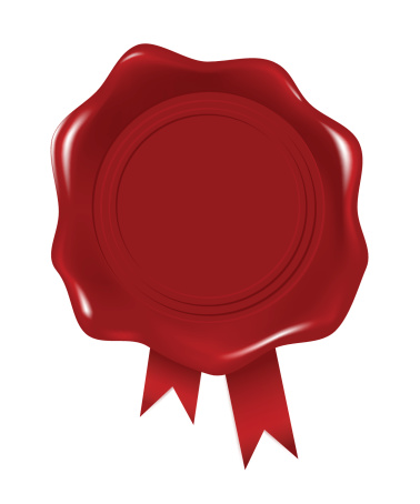 Wax seal in red with ribbon at the bottom