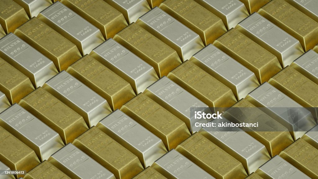 Gold and Silver Bar Bullion 3d rendering of gold and silver bar bullion. Silver - Metal Stock Photo