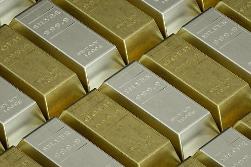 3d rendering of gold and silver bar bullion.