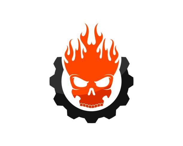 ilustrações, clipart, desenhos animados e ícones de engrenagem mecânica com cabeça de crânio e fogo - inferno fire flame skull