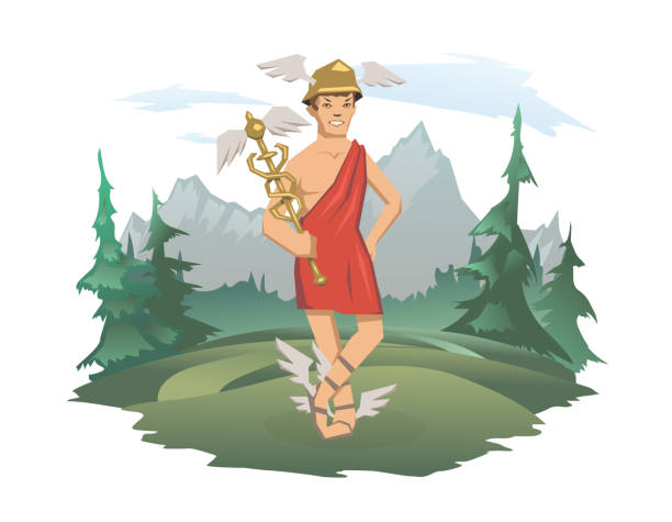 Hermes, ancient Greek god of Roadways, Travelers, Merchants and Thieves, messenger of the gods. Ancient Greece mythology. Mountain landscape in the background. Vector illustration isolated on white. Hermes, ancient Greek god of Roadways, Travelers, Merchants and Thieves, messenger of the gods. Ancient Greece mythology. Mountain landscape in the background. Vector illustration, isolated on white. cartoon of caduceus medical symbol stock illustrations
