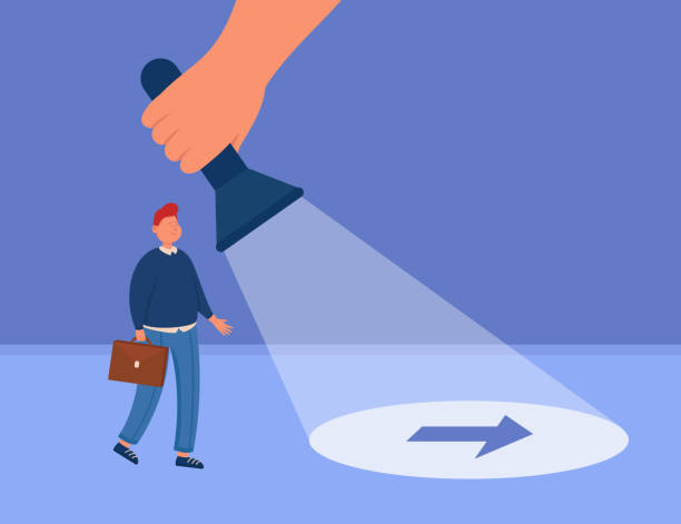 podnikatel po značce šipky pod světlem baterky - navigování stock ilustrace