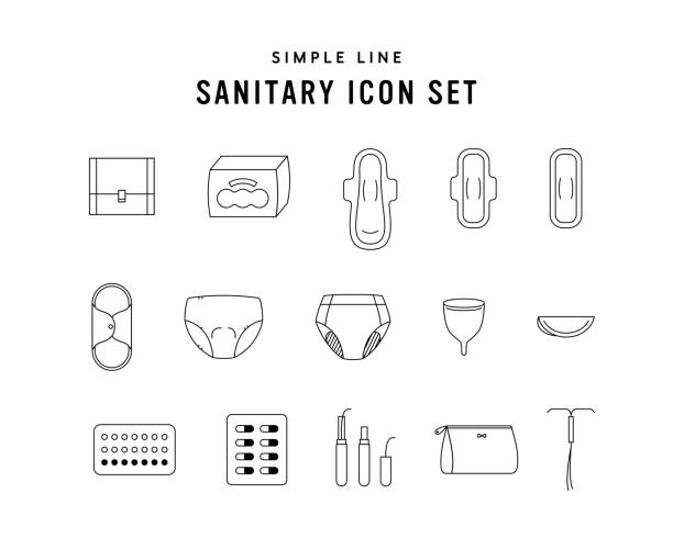 A set of sanitary product icons. A set of sanitary product icons.
This illustration includes elements of menstruation, sanitary napkin, sanitary napkin, pants, pill, contraceptive, etc. sanitary pad stock illustrations