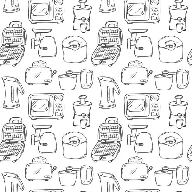 Vector illustration of Seamless pattern with kitchen appliances. Microwave, kettle, toaster, steamer, waffle iron, mixer. Monochrome backdrop with simple hand-drawn Outline doodle elements. Black and white vector