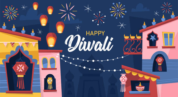 Diwali Hindu festival concept with India town decorated for holiday. Greeting card, banner or poster template design Diwali Hindu festival concept with India town decorated for holiday. Greeting card, banner or poster template design deepavali stock illustrations