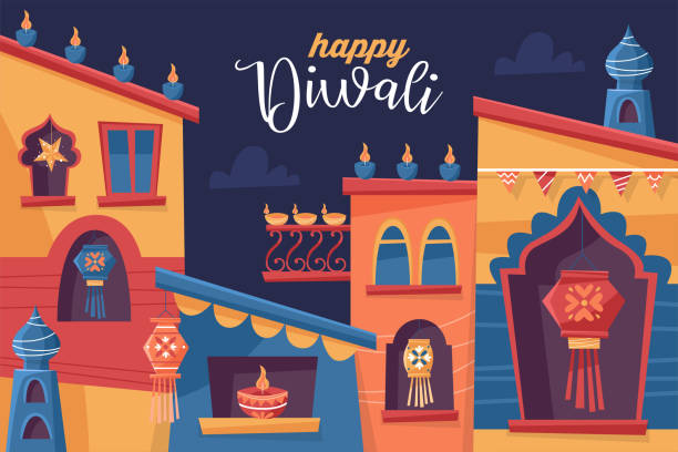 Diwali Hindu festival concept with India town decorated for holiday. Greeting card, banner or poster template design Diwali Hindu festival concept with India town decorated for holiday. Greeting card, banner or poster template design diwali home stock illustrations