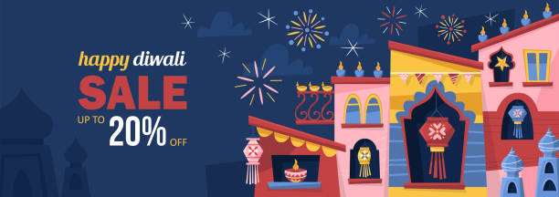 Diwali Hindu festival concept with India town decorated for holiday. Greeting card, banner or poster template design Diwali Hindu festival concept with India town decorated for holiday. Greeting card, banner or poster template design diwali home stock illustrations