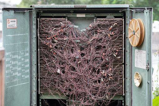 messi telephone lines wires in the steel cabinet.