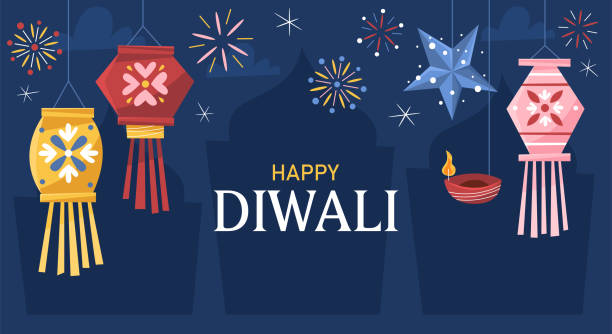 Diwali Hindu festival background with traditional lanterns. Greeting card, banner or poster template design vector art illustration